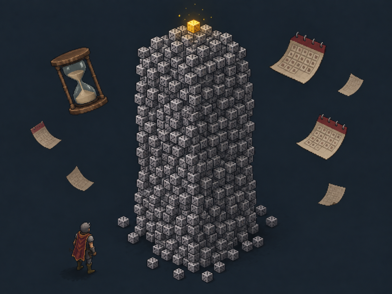 Pixel art metaphor for OSRS boss pet drop odds: a stack of