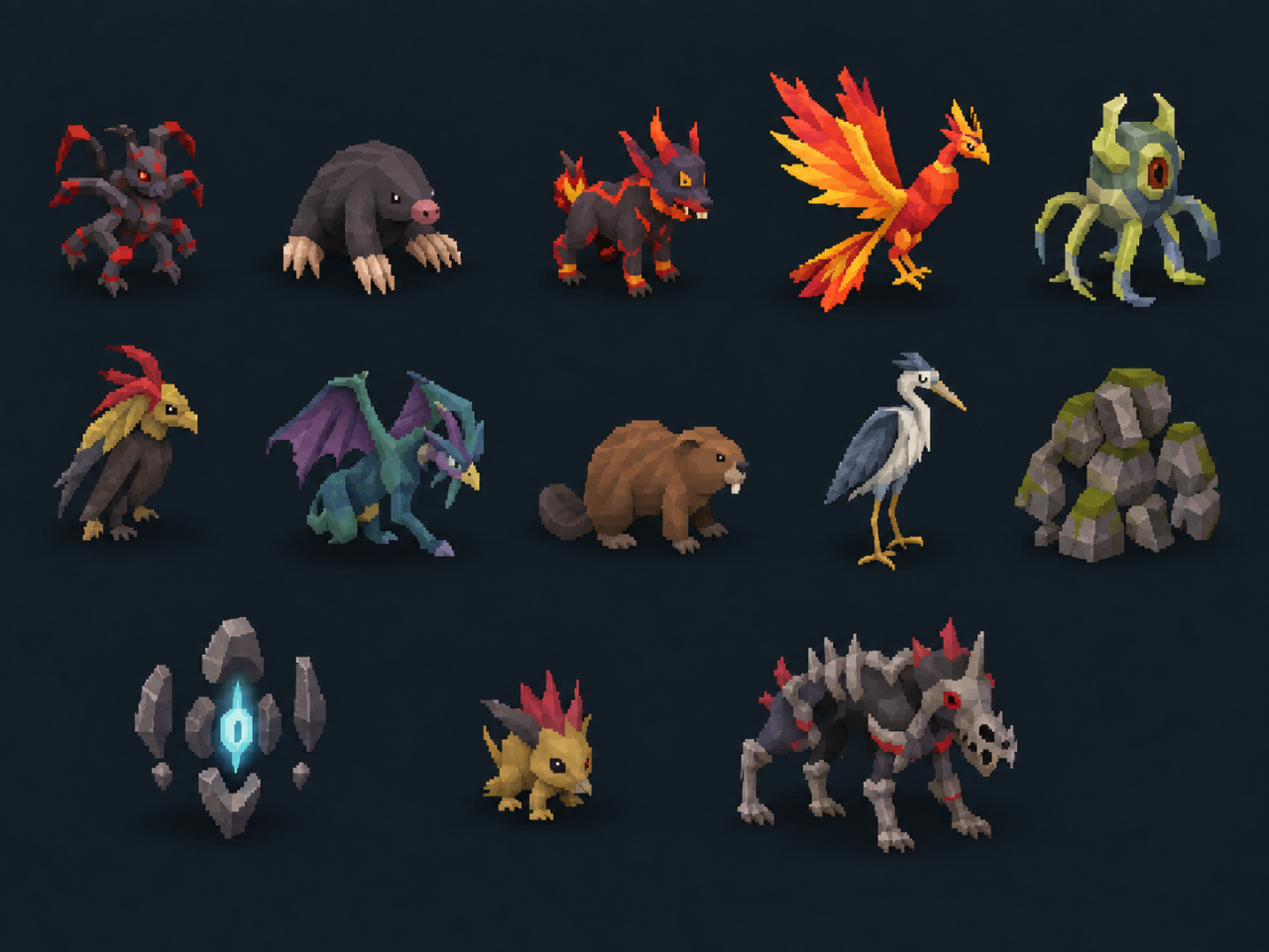 Reference sheet of Old School RuneScape boss pets: the Abyssal Orphan, Baby Mole, Vorki, Skotos, etc. Shown side by side on a dark slate background.